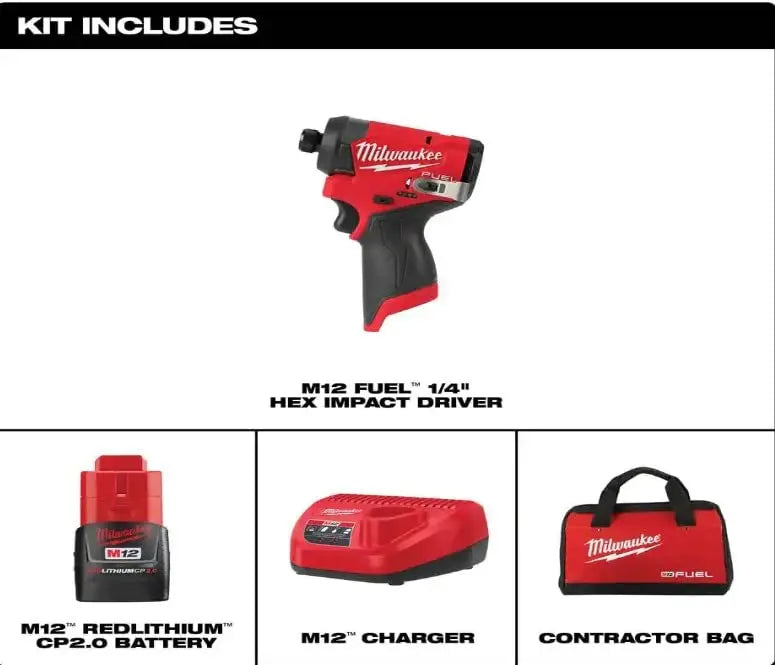 Open Box -  Milwaukee M12 FUEL 12-Volt Lithium-Ion Brushless Cordless 1/4 in. Hex Impact Driver Compact Kit W 2.0Ah Battery and Bag MilwaukeeBullseye Deals