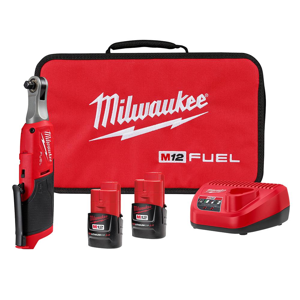 Open Box - Milwaukee M12 FUEL 12-Volt Lithium-Ion Brushless Cordless High Speed 3/8 in. Ratchet Kit w/(2) Batteries, Charger and Bag