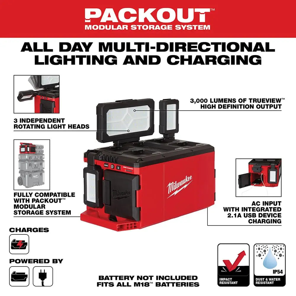 Open Box -  Milwaukee M18 18-Volt Lithium-Ion Cordless PACKOUT 3000 Lumens LED Light with Built-In Charger MilwaukeeBullseye Deals