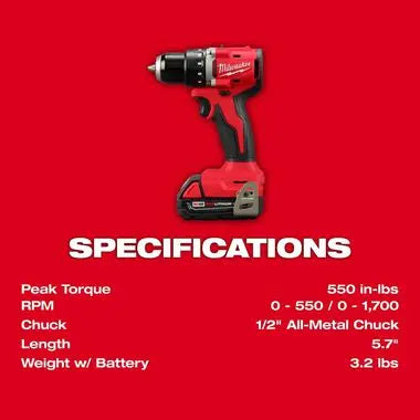 Open Box -  Milwaukee M18 18V Lithium-Ion Brushless Cordless 1/2 in. Compact Drill/Driver Kit with Two 2.0 Ah Batteries, Charger and Case MilwaukeeBullseye Deals