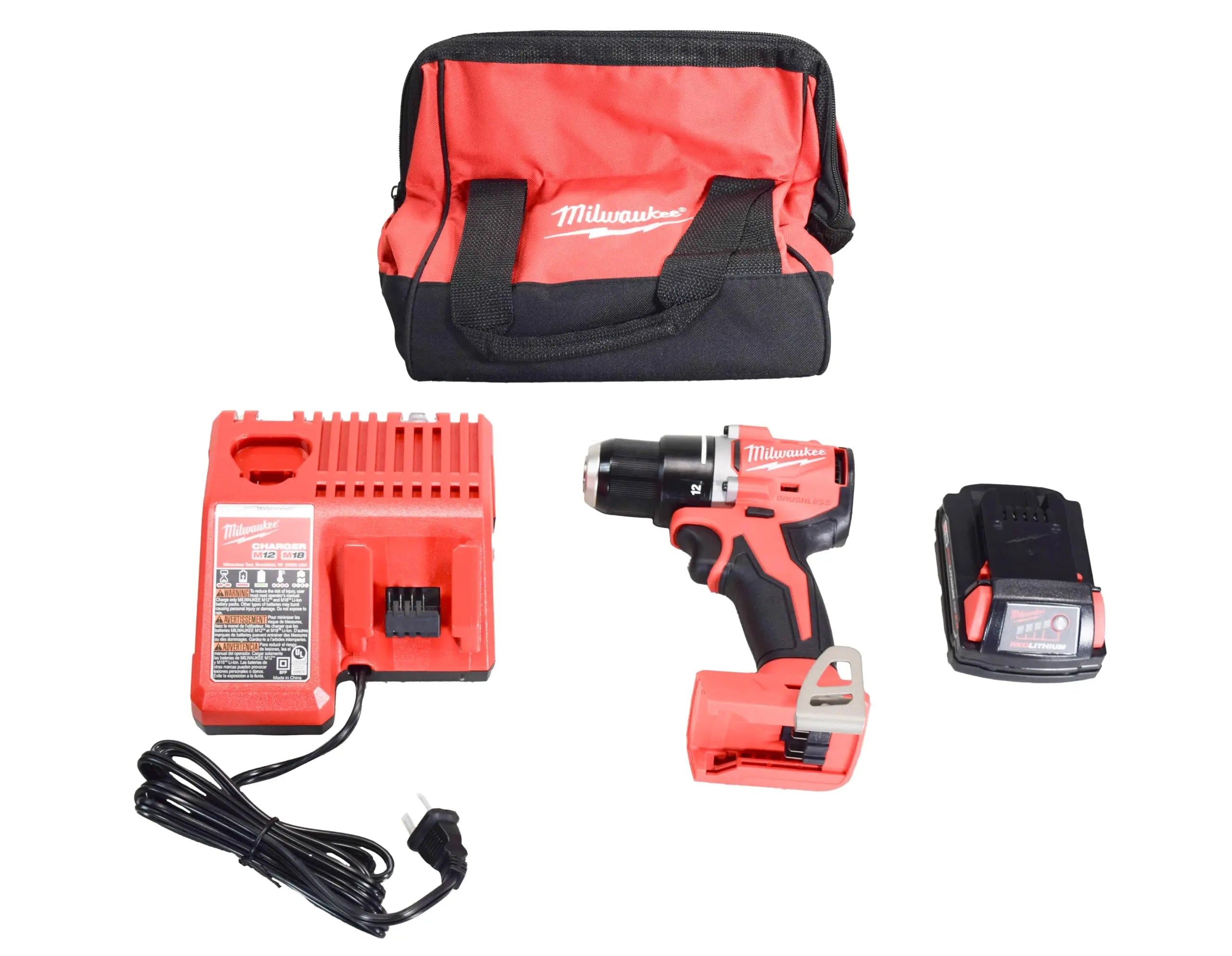 Open Box -  Milwaukee M18 18V Lithium-Ion Brushless Cordless 1/2 in. Compact Drill/Driver with One 2.0 Ah Battery, Charger and Tool Bag MilwaukeeBullseye Deals