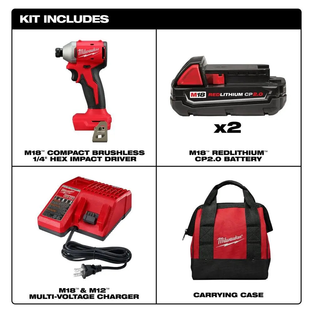 Open Box -  Milwaukee M18 18V Lithium-Ion Brushless Cordless 1/4 in. Impact Driver Kit with Two 2.0 Ah Batteries and Charger MilwaukeeBullseye Deals