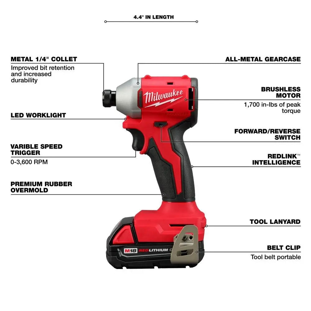 Open Box -  Milwaukee M18 18V Lithium-Ion Brushless Cordless 1/4 in. Impact Driver Kit with Two 2.0 Ah Batteries and Charger MilwaukeeBullseye Deals
