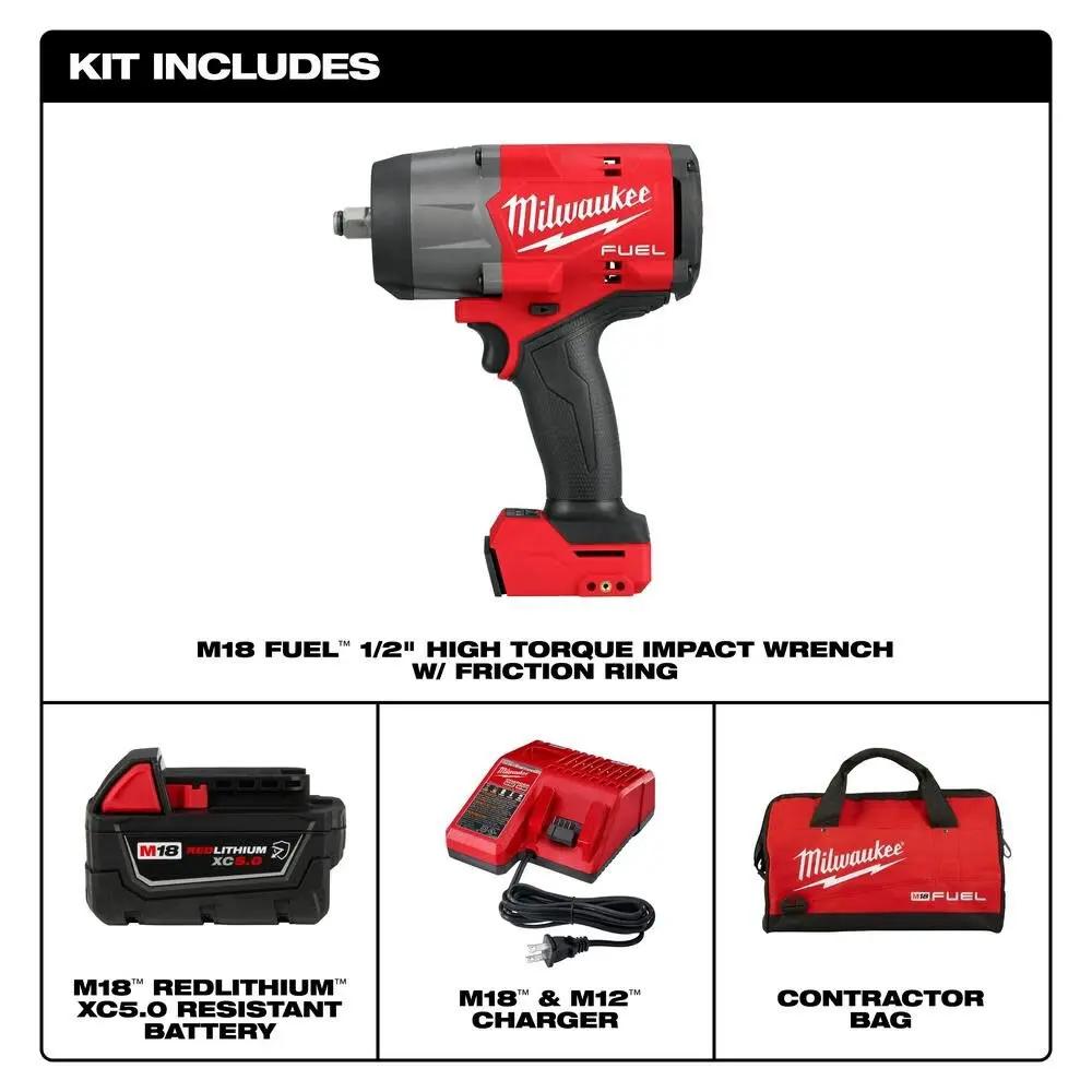 Open Box -  Milwaukee M18 FUEL 18V Lithium-Ion Brushless Cordless 1/2 in. Impact Wrench w/Friction Ring Kit w/One 5.0 Ah Battery and Bag MilwaukeeBullseye Deals