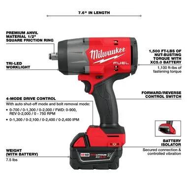 Open Box -  Milwaukee M18 FUEL 18V Lithium-Ion Brushless Cordless 1/2 in. Impact Wrench w/Friction Ring Kit w/One 5.0 Ah Battery and Bag MilwaukeeBullseye Deals
