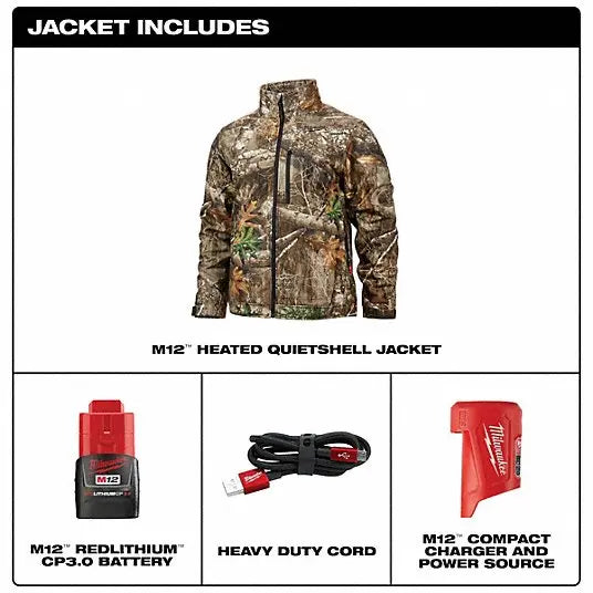 Open Box -  Milwaukee Men's X-Large M12 12V Lithium-Ion Cordless QUIETSHELL Camo Heated Jacket with (1) 3.0 Ah Battery and Charger, Camouflage - Secondipity