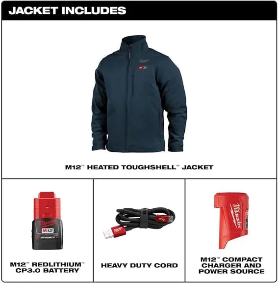 Open Box -  Milwaukee Men's X-Large M12 12V Lithium-Ion Cordless TOUGHSHELL Navy Blue Heated Jacket with (1) 3.0 Ah Battery and Charger MilwaukeeBullseye Deals