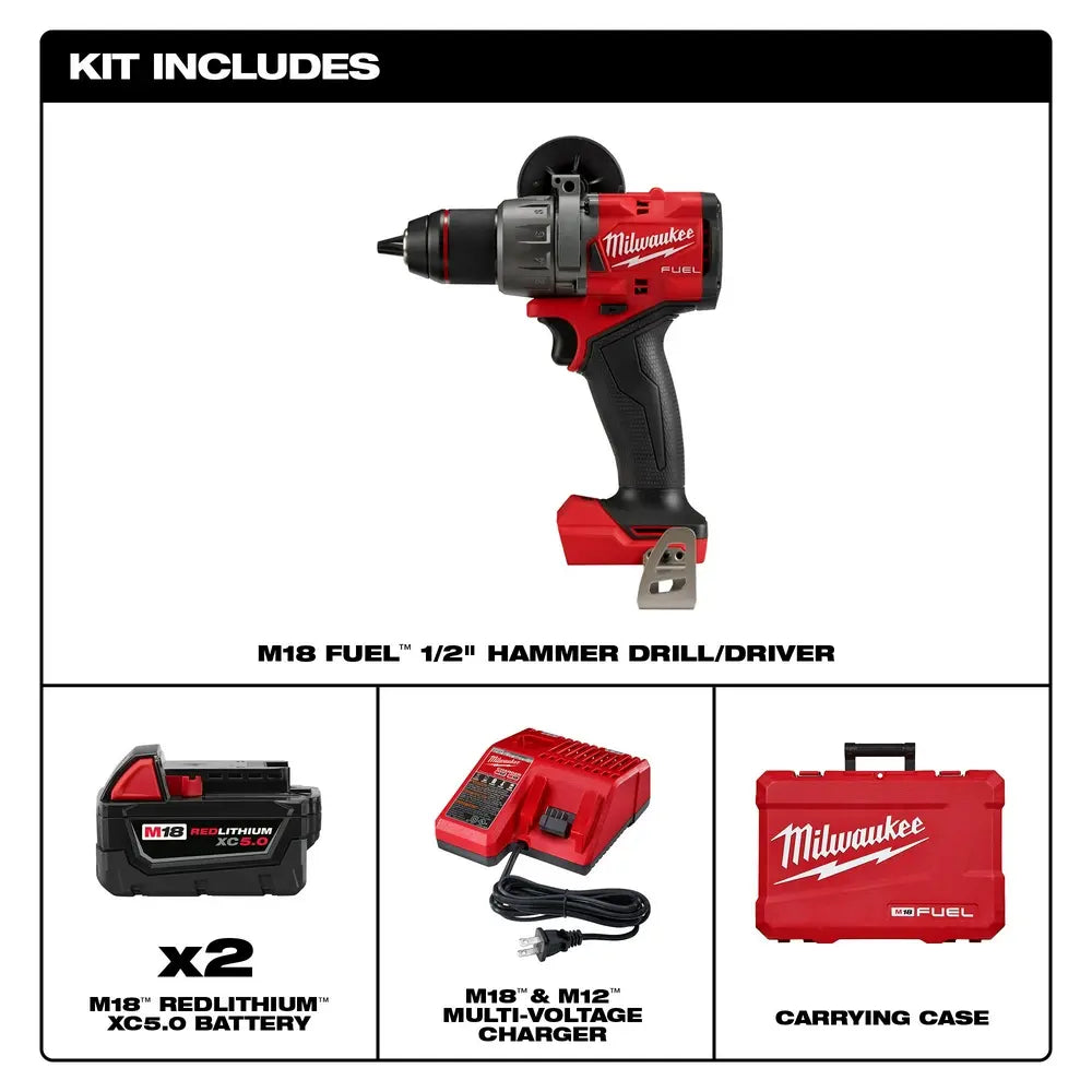 Open Box -  Milwaukee Tool M18 Fuel 18V Lithium-Ion Brushless Cordless 1/2 in. Hammer Drill Driver Kit w/ (2) 5.0 Ah Batteries Milwaukee ToolBullseye Deals
