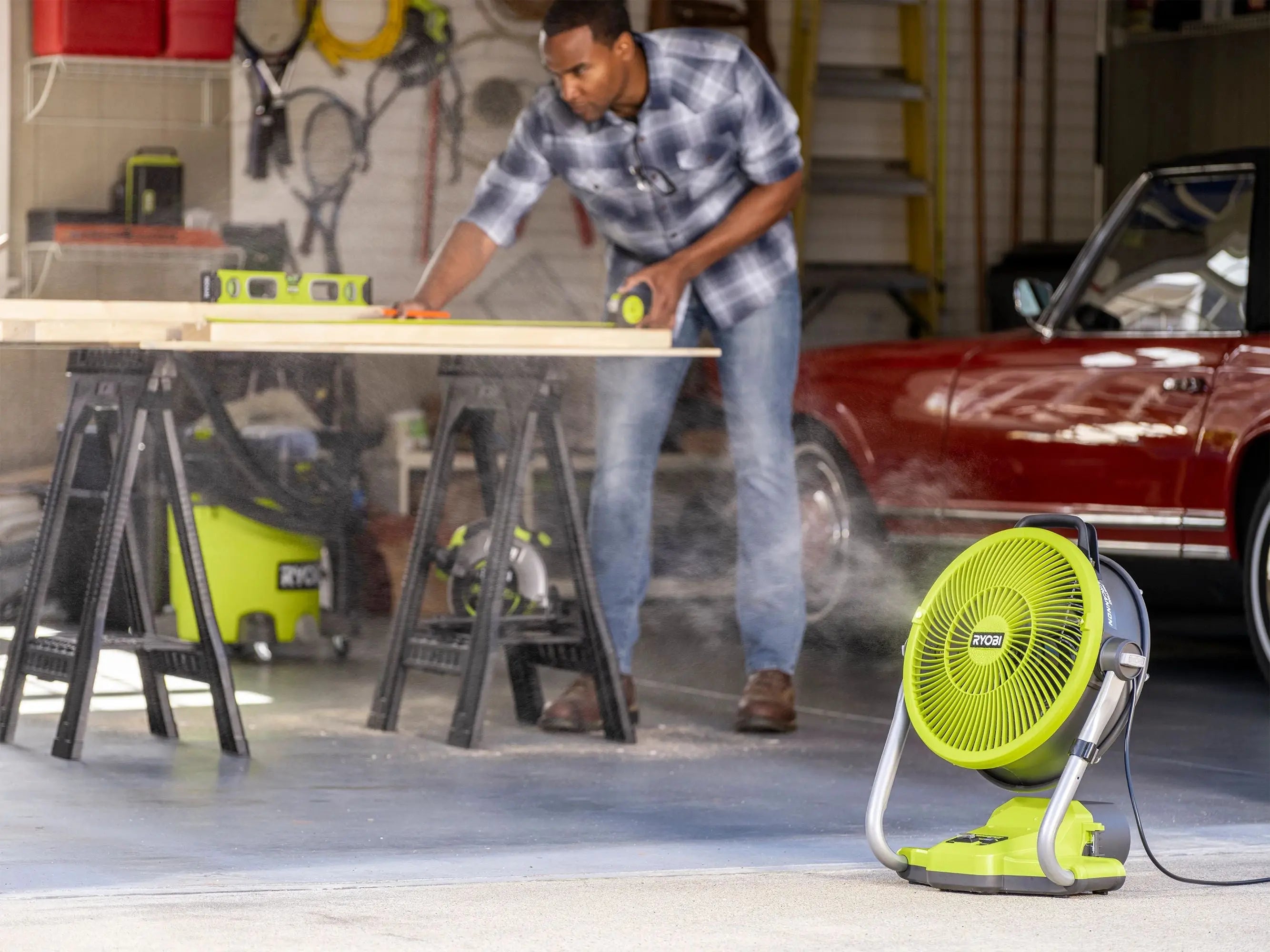 Open Box - ONE+ 18V Cordless Hybrid WHISPER SERIES 12 in. Misting Cannon Fan (Tool Only), RYOBI Green RYOBIBullseye Deals