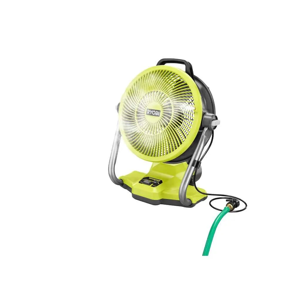 Open Box -  ONE+ 18V Cordless Hybrid WHISPER SERIES 12 in. Misting Fan Cannon Kit with 4.0 Ah Battery and Charger, RYOBI Green RYOBIBullseye Deals