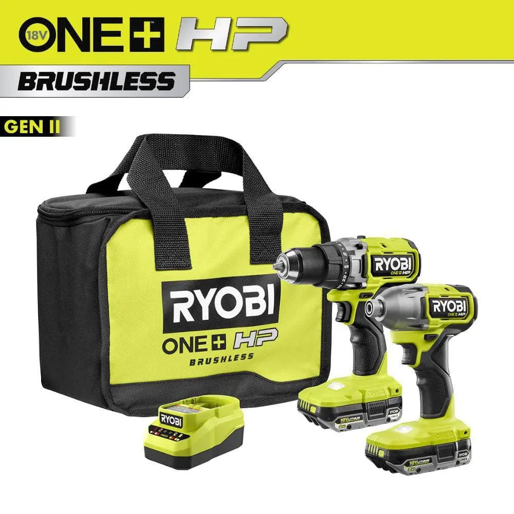 Open Box -  ONE+ HP 18V Brushless Cordless 2-Tool Combo Kit with (2) 2.0 Ah Batteries, Charger, and Bag RYOBIBullseye Deals