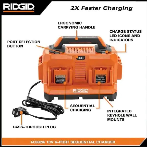 Open Box -  RIDGID 18V Lithium-Ion 6-Port Sequential battery Charger (Tool-Only) RIDGIDBullseye Deals