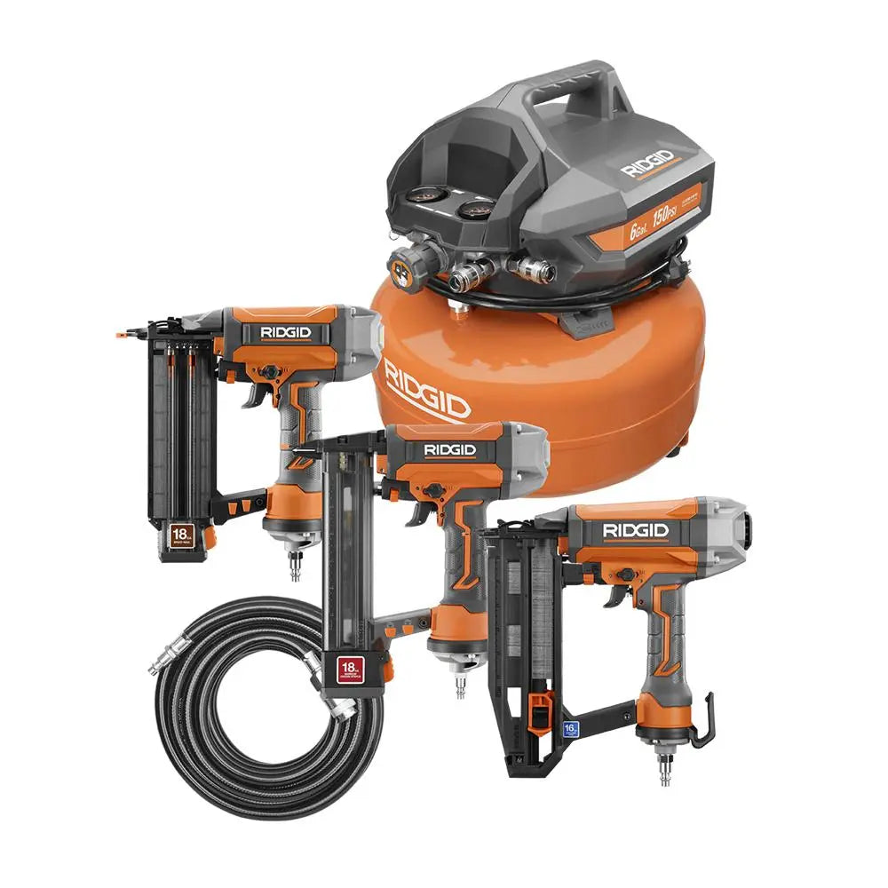 Open Box - RIDGID 6 Gal. Portable Electric Pancake Air Compressor with 18-Gauge Brad Nailer and 16-Gauge Straight Finish Nailer Kit RIDGIDBullseye Deals