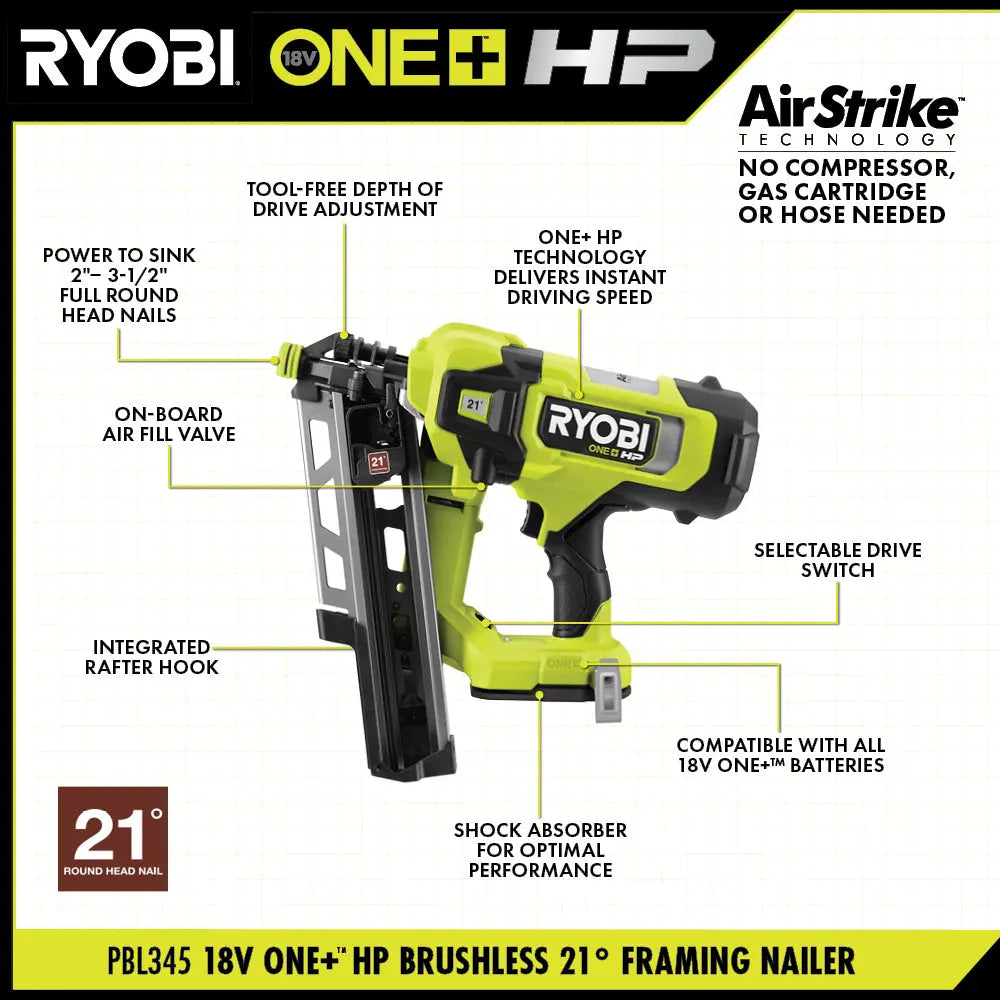 Open Box -  RYOBI 18V ONE+ HP Brushless Cordless AirStrike 21° Framing Nailer (Tool Only) RYOBIBullseye Deals