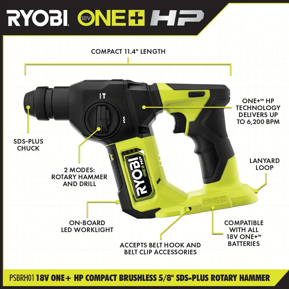 Open Box -  RYOBI 18V ONE+ HP Compact Brushless 5/8-inch SDS-Plus Rotary Hammer Drill (Tool-Only) RYOBIBullseye Deals