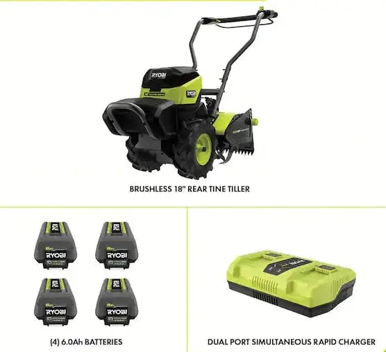 Open Box - RYOBI 40-Volt HP Brushless 18 in. Battery Powered Rear Tine Tiller with (4) 6.0 Ah Batteries and Charger RYOBIBullseye Deals