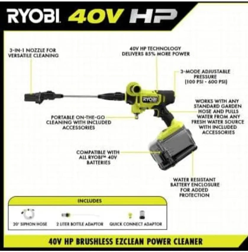 Open Box - RYOBI 40-Volt HP Brushless EZClean 600 PSI 0.7 GPM Cold Water Power Cleaner with 2.0 Ah Battery and Charger RYOBIBullseye Deals