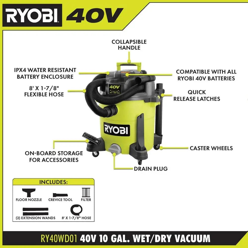 Open Box -  RYOBI 40V 10 Gal. Cordless Wet/Dry Vacuum (Tool Only), Greens RYOBIBullseye Deals