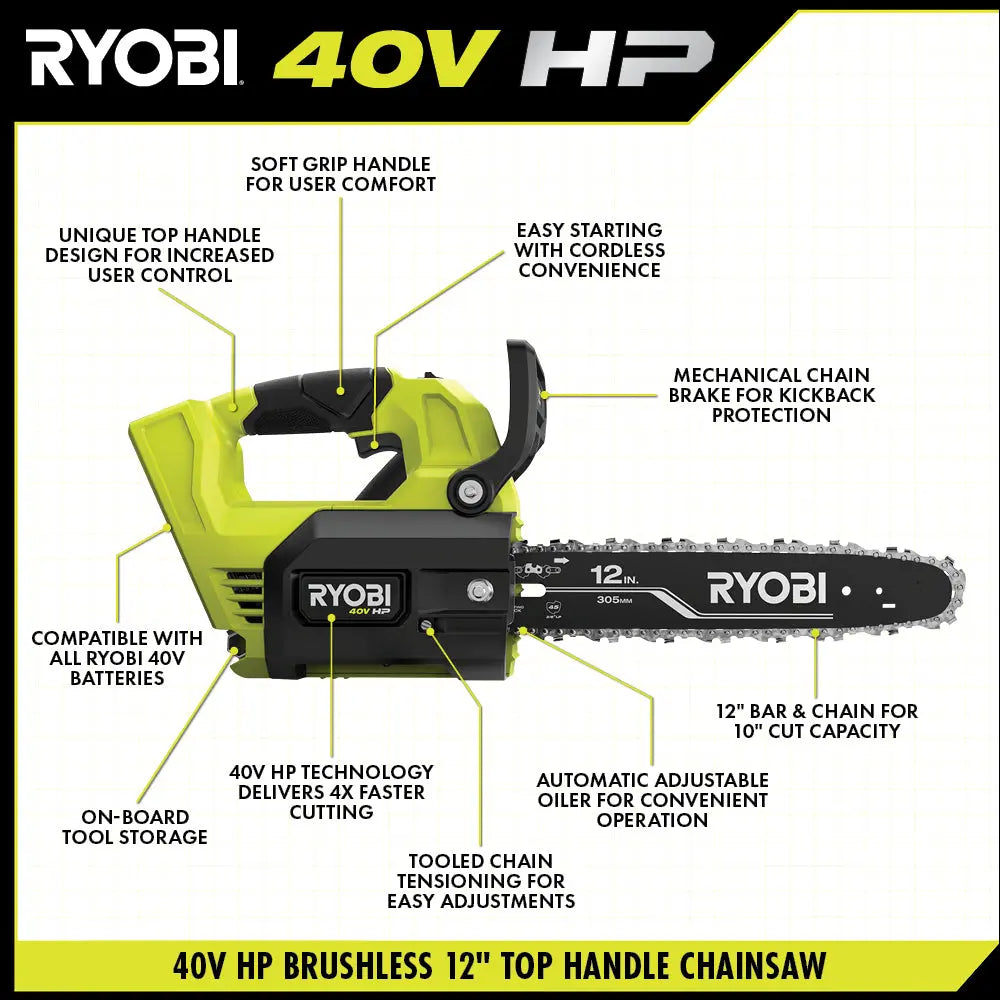 Open Box -  RYOBI 40V HP Brushless 12 in. Top Handle Electric Cordless Chainsaw with 4.0 Ah Battery and Charger RYOBIBullseye Deals