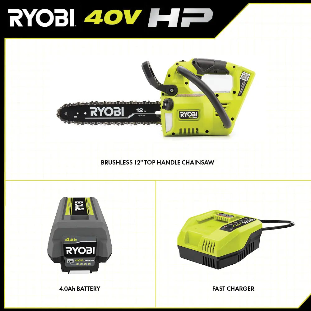Open Box -  RYOBI 40V HP Brushless 12 in. Top Handle Electric Cordless Chainsaw with 4.0 Ah Battery and Charger RYOBIBullseye Deals