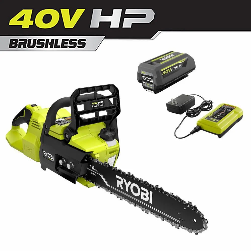 Open Box - RYOBI 40V HP Brushless 14 in. Electric Cordless Chainsaw with 4.0 Ah Battery and Charger RYOBI