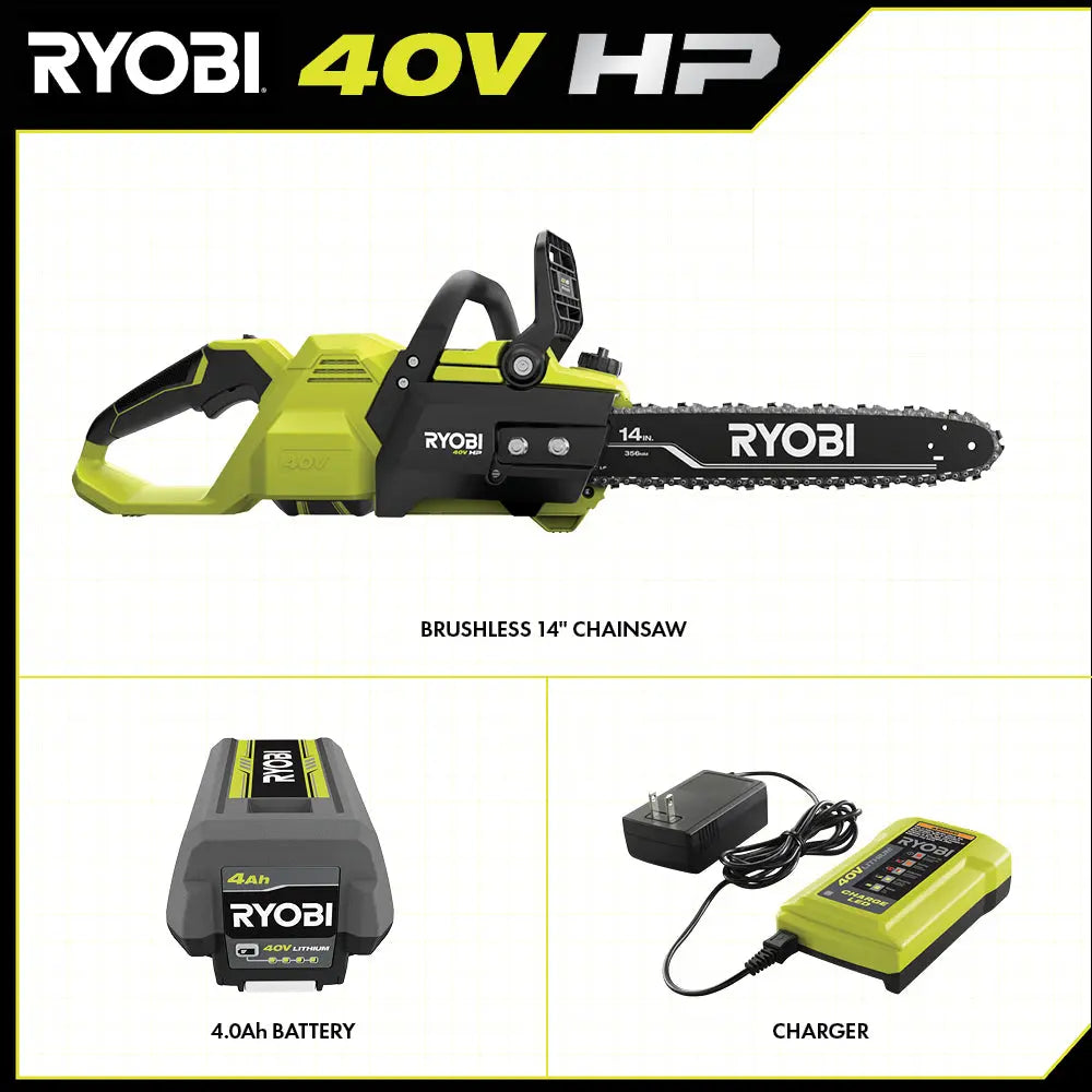 Open Box -  RYOBI 40V HP Brushless 14 in. Electric Cordless Chainsaw with 4.0 Ah Battery and Charger RYOBIBullseye Deals