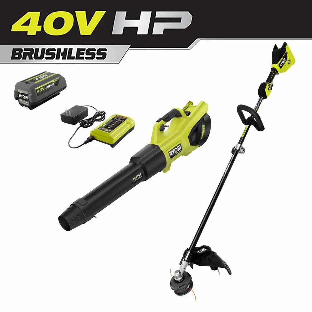 Open Box -  RYOBI 40V HP Brushless 600 CFM 155 MPH Cordless Leaf Blower and Carbon Fiber String Trimmer with 4.0 Ah Battery and Charger RYOBIBullseye Deals