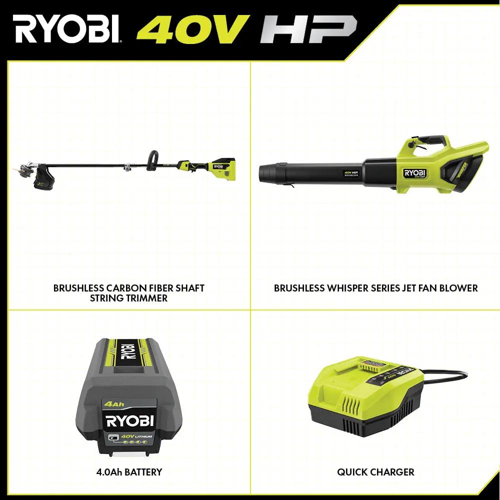 Open Box -  RYOBI 40V HP Brushless 600 CFM 155 MPH Cordless Leaf Blower and Carbon Fiber String Trimmer with 4.0 Ah Battery and Charger RYOBIBullseye Deals