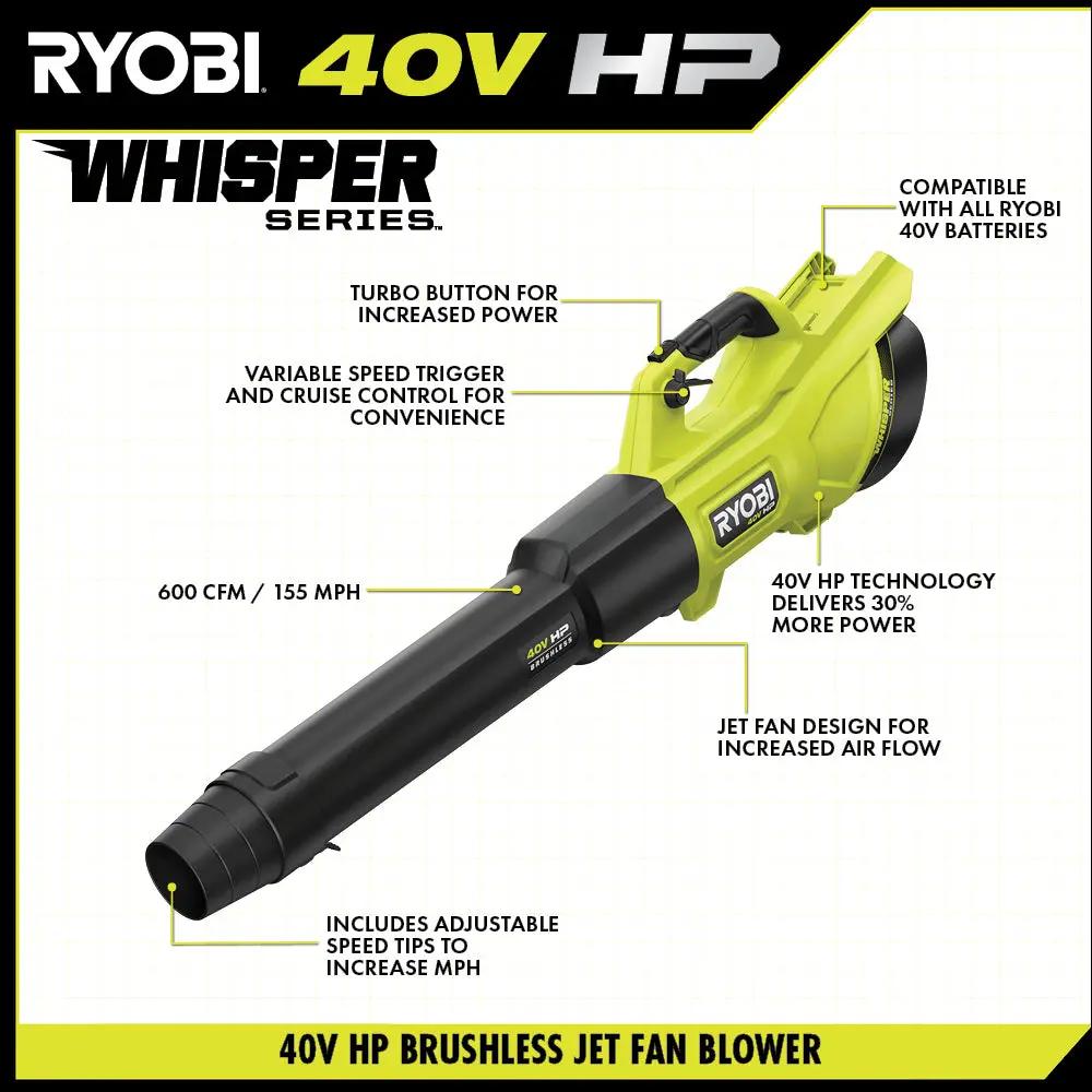 Open Box -  RYOBI 40V HP Brushless 600 CFM 155 MPH Cordless Leaf Blower and Carbon Fiber String Trimmer with 4.0 Ah Battery and Charger RYOBIBullseye Deals