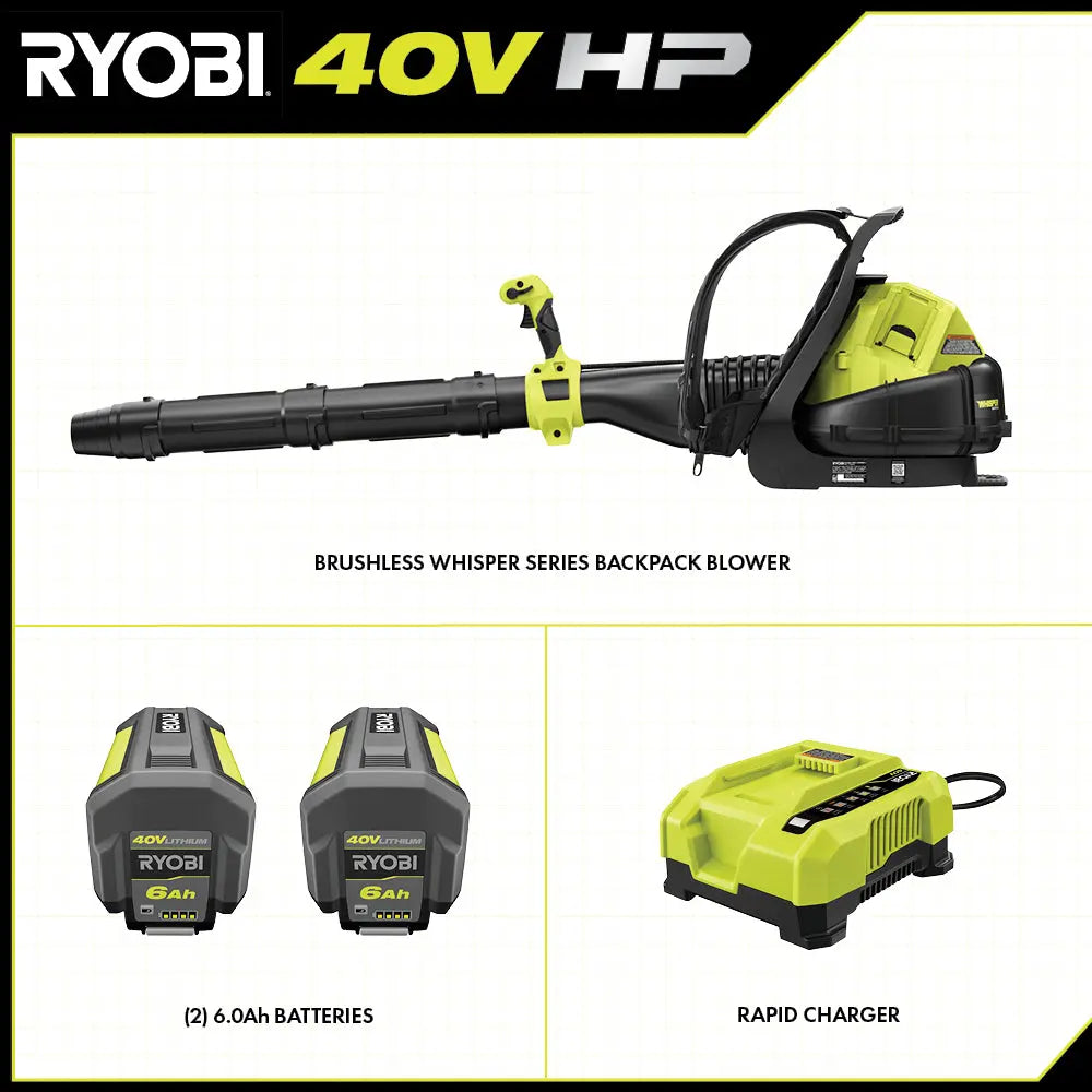 Open Box -  RYOBI 40V HP Brushless Whisper Series 165 MPH 730 CFM Cordless Battery Backpack Leaf Blower w/ (2) 6.0 Ah Batteries & Charger RYOBIBullseye Deals