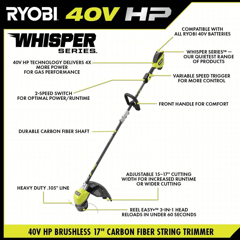Open Box -  RYOBI 40V HP Brushless Whisper Series 17 in. Cordless Battery Carbon Fiber Shaft String Trimmer w/ 6.0 Ah Battery & Charger RYOBIBullseye Deals