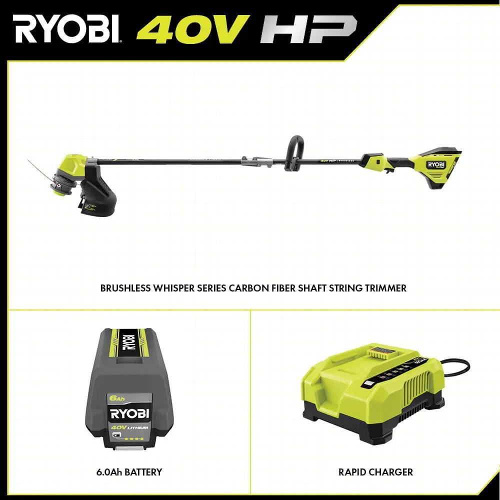 Open Box -  RYOBI 40V HP Brushless Whisper Series 17 in. Cordless Battery Carbon Fiber Shaft String Trimmer w/ 6.0 Ah Battery & Charger RYOBIBullseye Deals