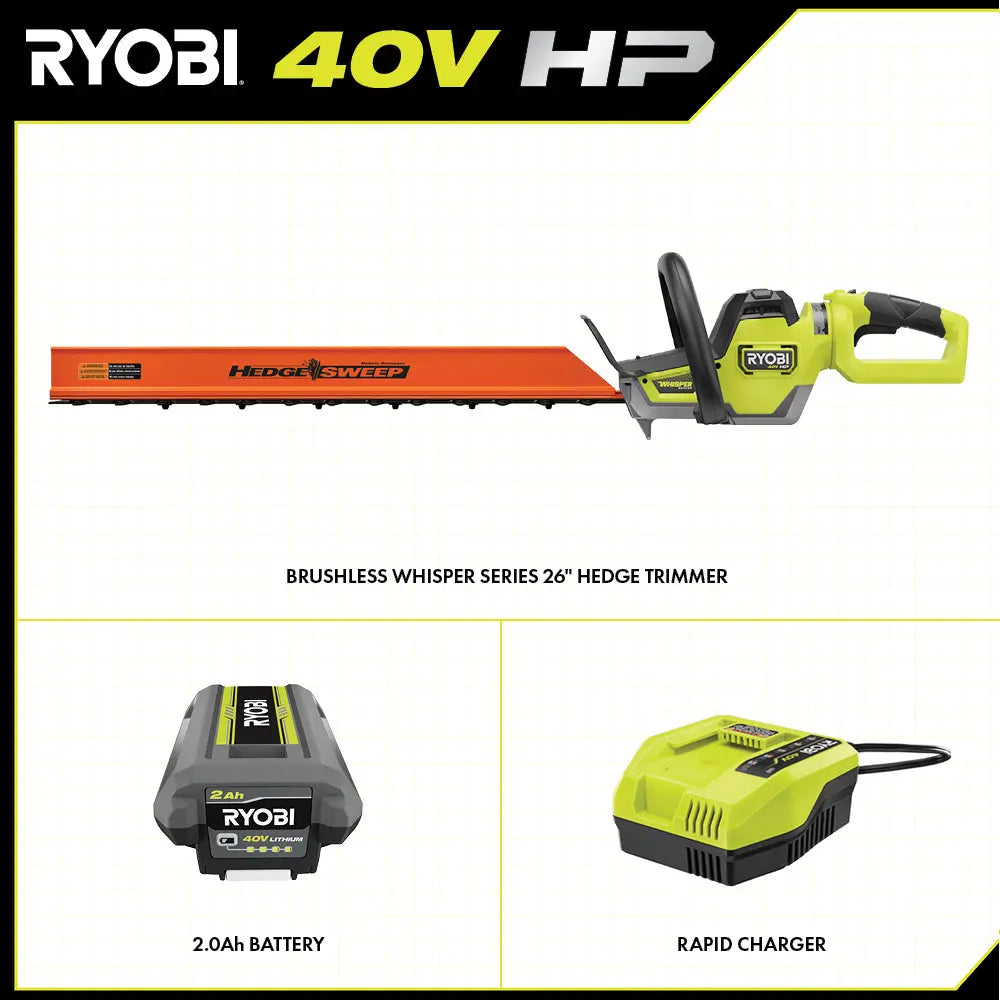 Open Box -  RYOBI 40V HP Brushless Whisper-Series 26-inch Hedge Trimmer Kit with 2.0 Ah Battery and Charger RYOBIBullseye Deals