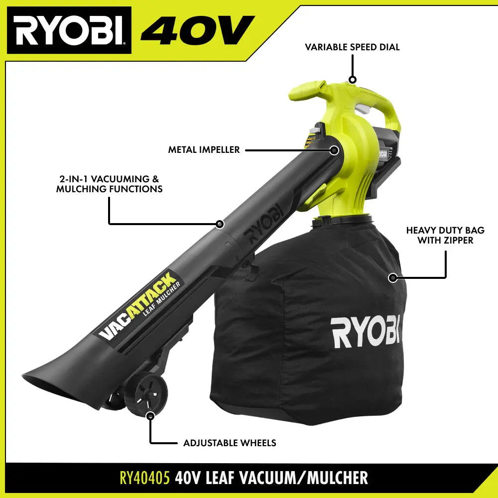 Open Box - RYOBI 40V Vac Attack Cordless Battery Leaf Vacuum/Mulcher (Tool Only) RYOBIBullseye Deals