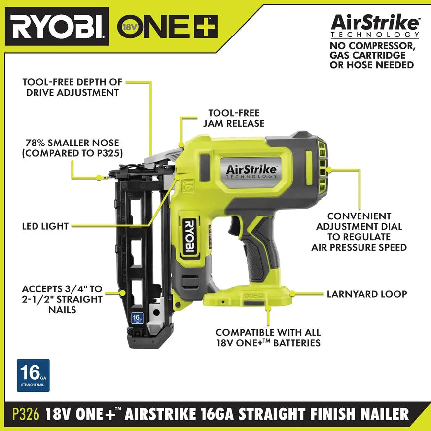 Open Box - RYOBI ONE+ 18V 16-Gauge Cordless AirStrike Finish Nailer (Tool Only) RYOBIBullseye Deals