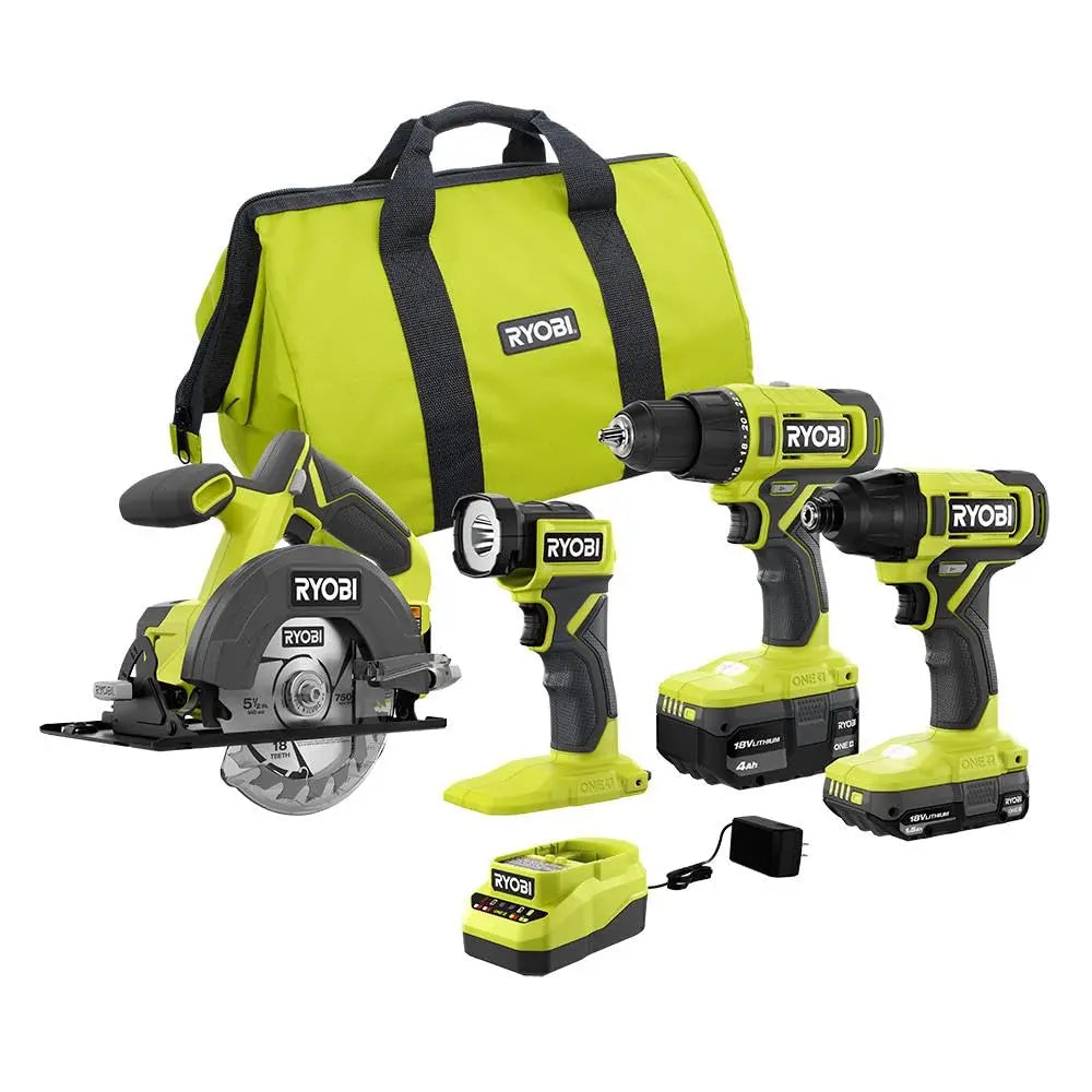 Open Box -  RYOBI ONE+ 18V Cordless 4-Tool Combo Kit with 1.5 Ah Battery, 4.0 Ah Battery, and Charger RYOBIBullseye Deals