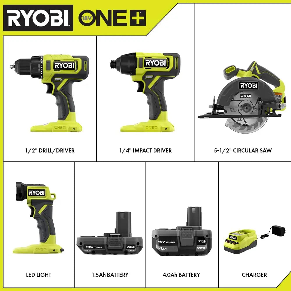 Open Box -  RYOBI ONE+ 18V Cordless 4-Tool Combo Kit with 1.5 Ah Battery, 4.0 Ah Battery, and Charger RYOBIBullseye Deals