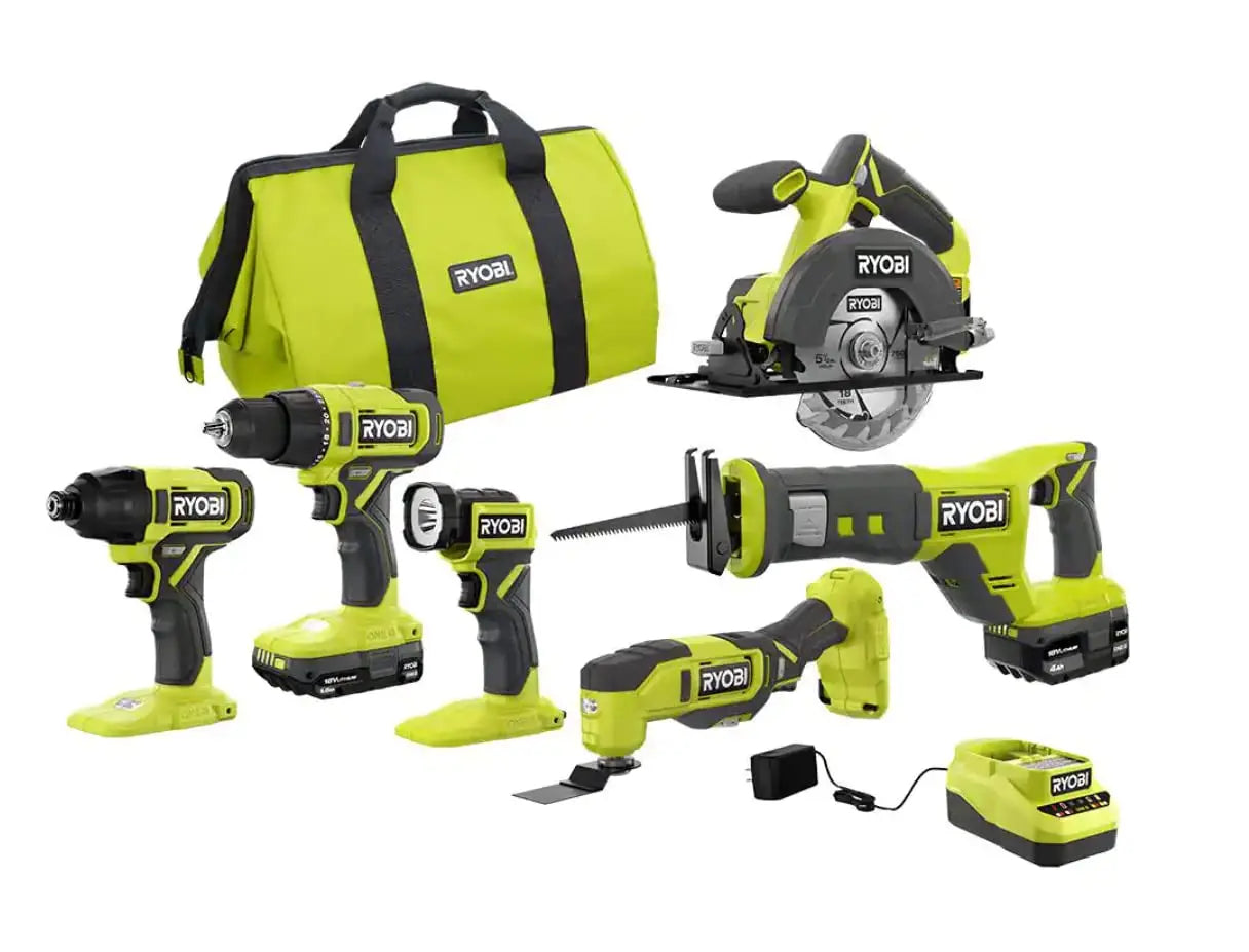Open Box - RYOBI ONE+ 18V Cordless 6-Tool Combo Kit with 1.5 Ah Battery, 4.0 Ah Battery, and Charger RYOBIBullseye Deals