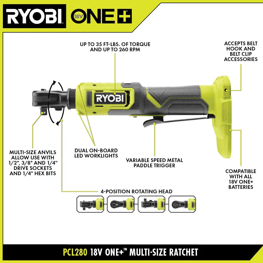 Open Box -  RYOBI ONE+ 18V Cordless Multi Size Ratchet (Tool Only) RYOBIBullseye Deals