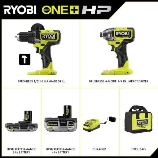 Open Box -  RYOBI ONE+ HP 18V Brushless Cordless 1/2 in. Drill/Driver and Impact Driver Kit w/ 2.0 Ah and 4.0 Ah Batteries, Charger, & Bag RYOBIBullseye Deals