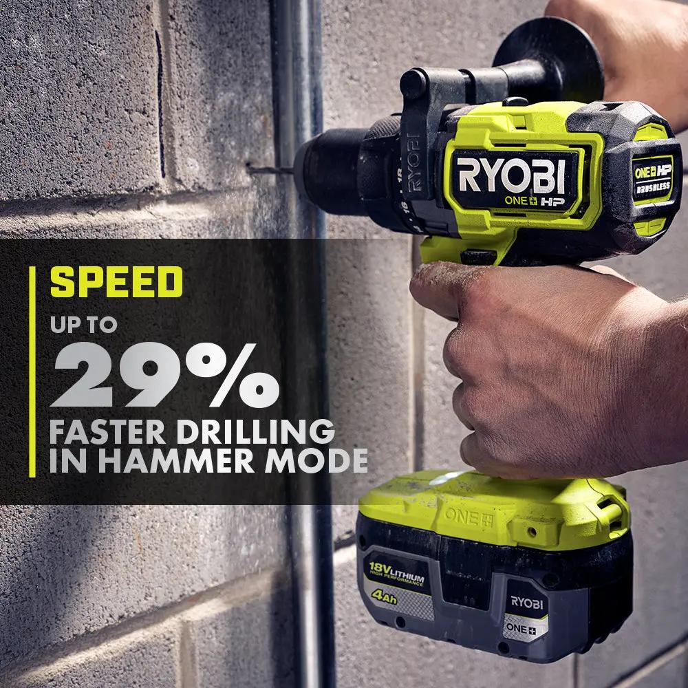 Open Box -  RYOBI ONE+ HP 18V Brushless Cordless 1/2 in. Hammer Drill Kit with (1) 4.0 Ah High Performance Battery, Charger, and Tool Bag RYOBIBullseye Deals