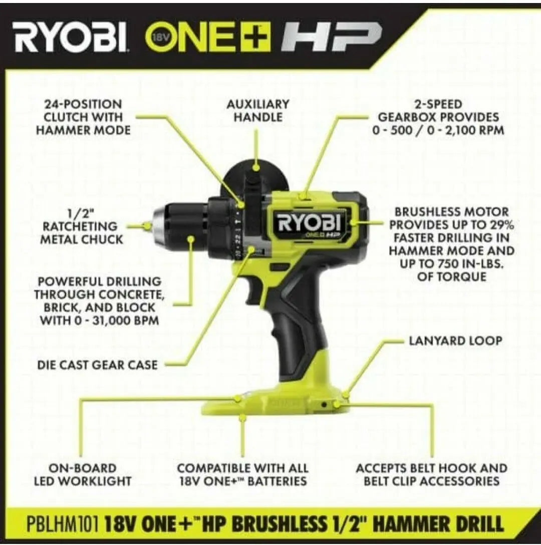 Open Box -  RYOBI ONE+ HP 18V Brushless Cordless 1/2 in. Hammer Drill (Tool Only) RYOBIBullseye Deals