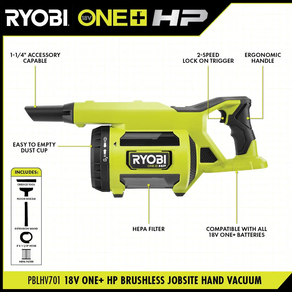 Open Box -  RYOBI ONE+ HP 18V Brushless Cordless Jobsite Hand Vacuum (Tool Only), Greens RYOBIBullseye Deals