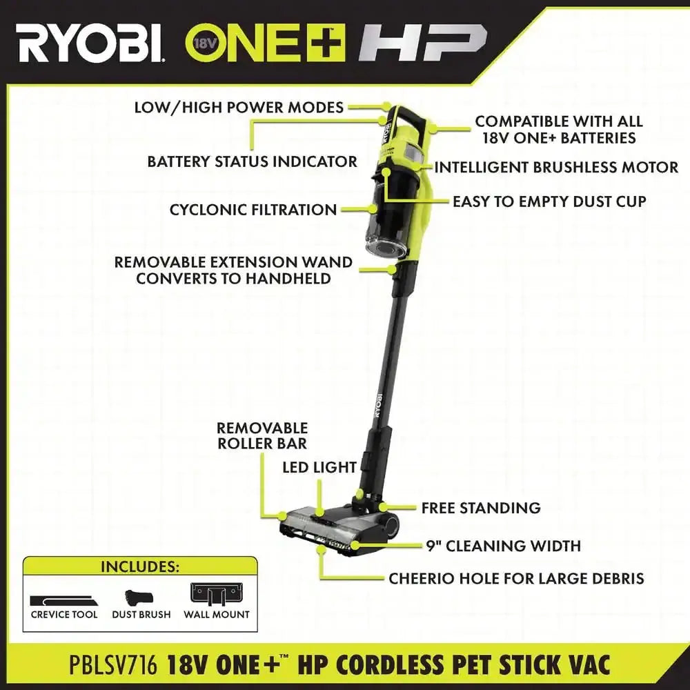 Open Box - RYOBI ONE+ HP 18V Brushless Cordless Pet Stick Vacuum Cleaner Kit with 4.0 Ah HIGH PERFORMANCE Battery and Charger RYOBIBullseye Deals