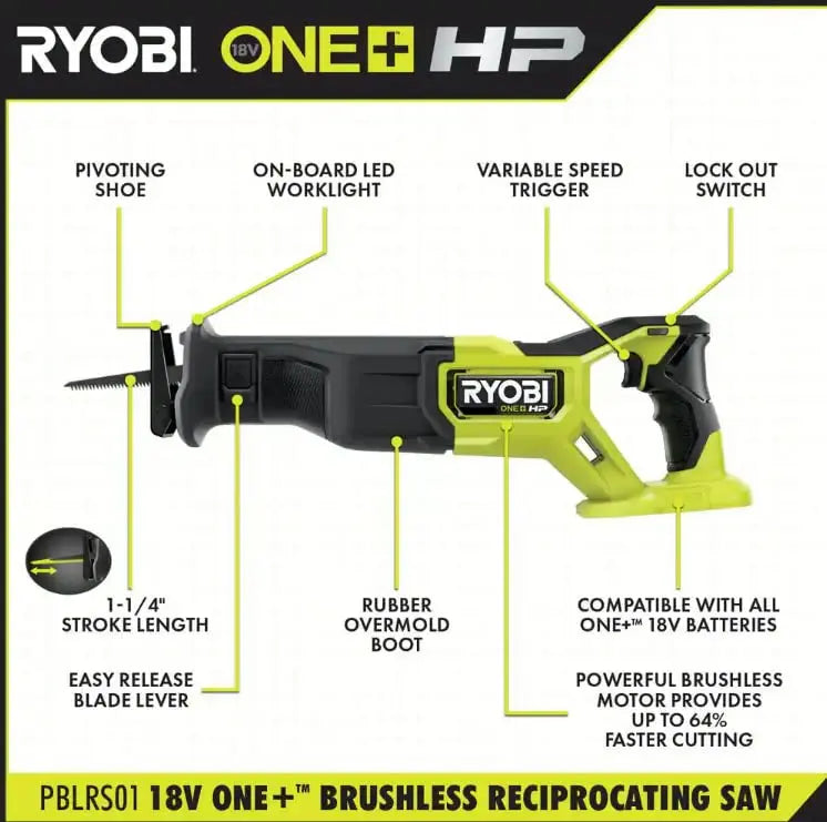 Open Box - RYOBI ONE+ HP 18V Brushless Cordless Reciprocating Saw (Tool Only) RYOBI