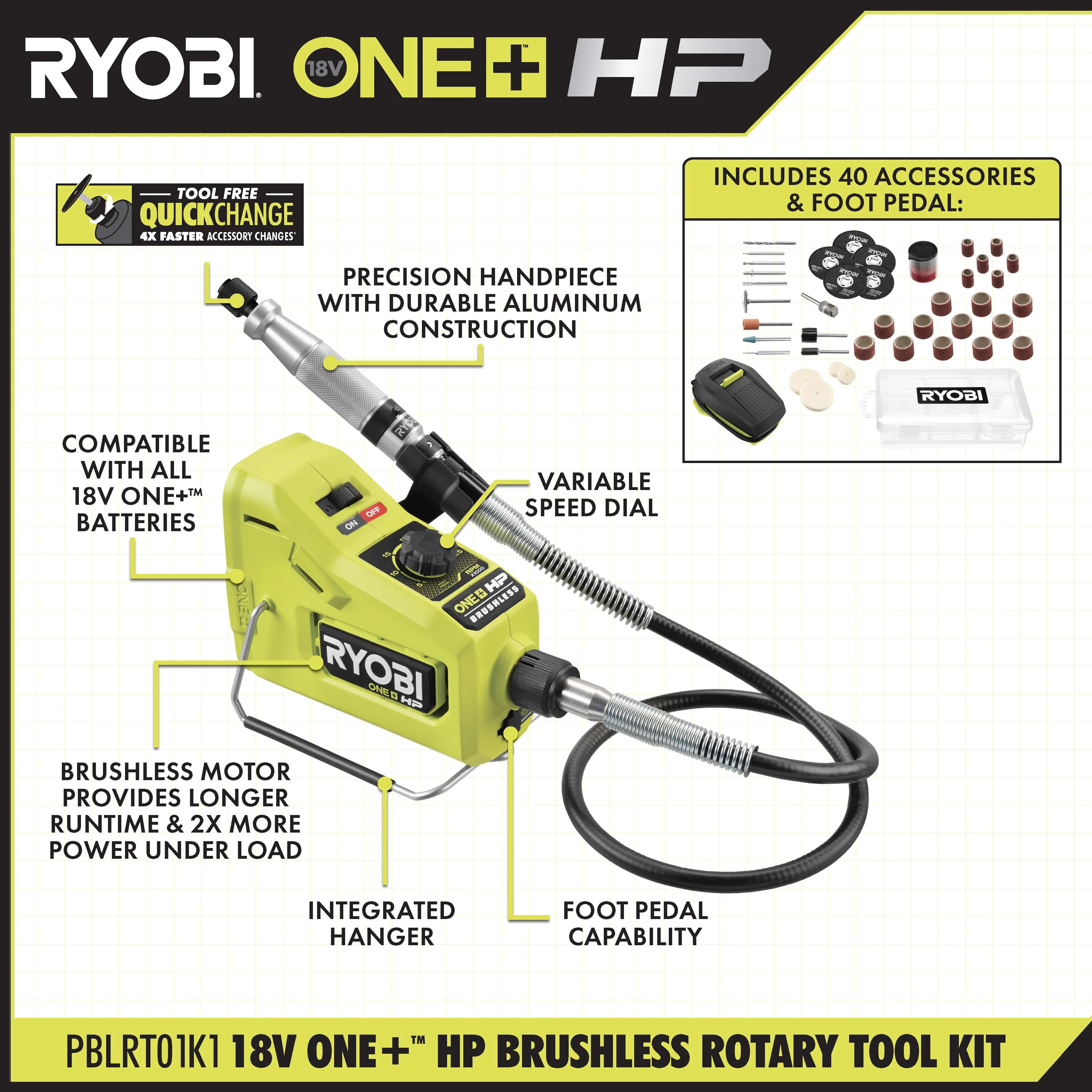 Open Box -  RYOBI ONE+ HP 18V Brushless Cordless Rotary Tool Kit with 2.0 Ah HIGH PERFORMANCE Battery and Charger - Secondipity