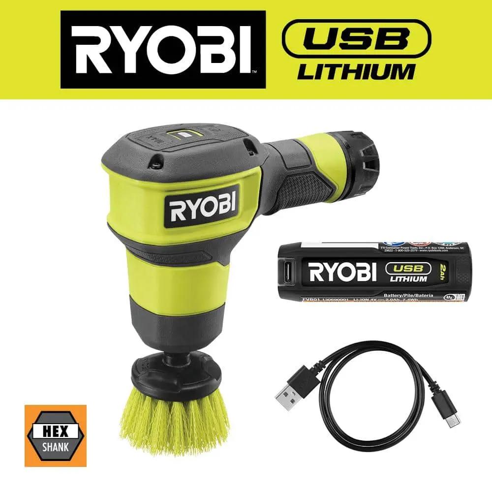 Open Box -  USB Lithium Compact Scrubber Kit with 2.0 Ah Battery, USB Charging Cord, and 2 in. Medium Bristle Brush RYOBIBullseye Deals