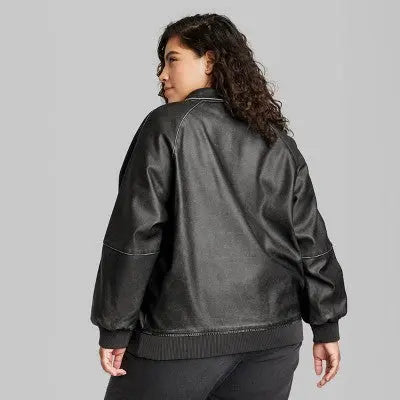 Open Box - Women's Distressed Faux Leather Bomber Jacket - Wild Fable Wild Fable
