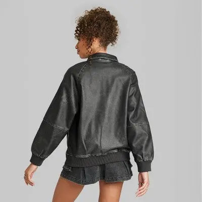 Open Box - Women's Distressed Faux Leather Bomber Jacket - Wild Fable Wild Fable