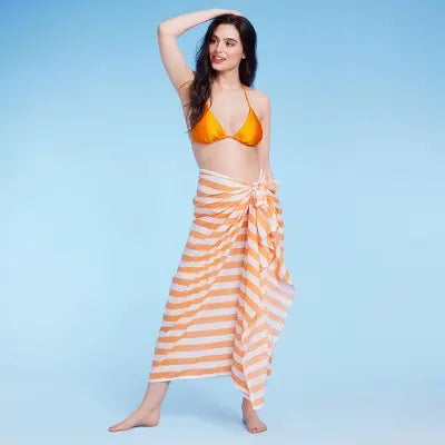 Open Box - Women's Long Cover Up Sarong - Shade & Shore Orange Striped One Size Shade & ShoreBullseye Deals